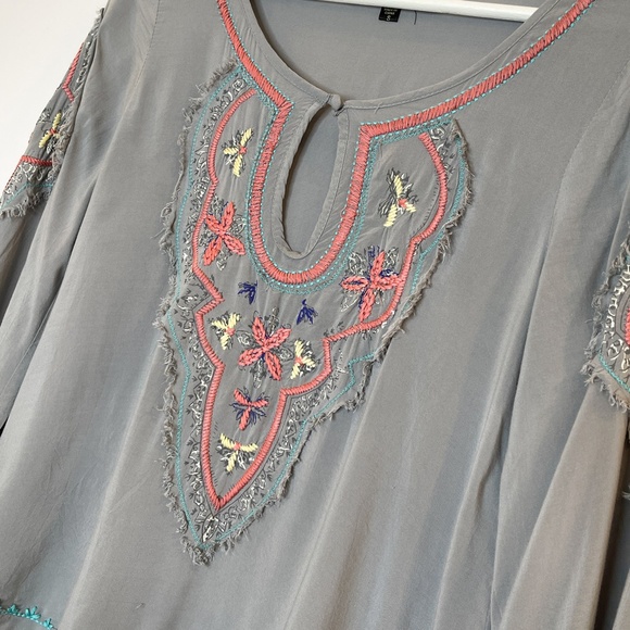 Love Stitch Grey Boho Embroidered Bell Sleeve top - Picture 2 of 16